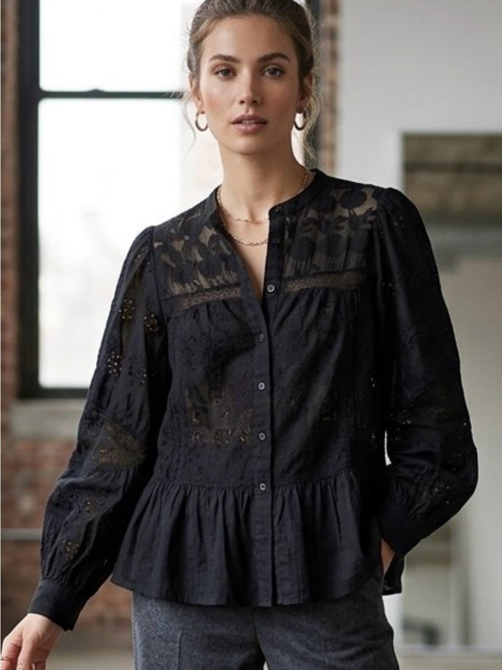 Zara Black Eyelet Peplum Blouse